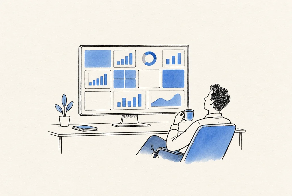 A person sits back and looks at one big screen that shows the whole company